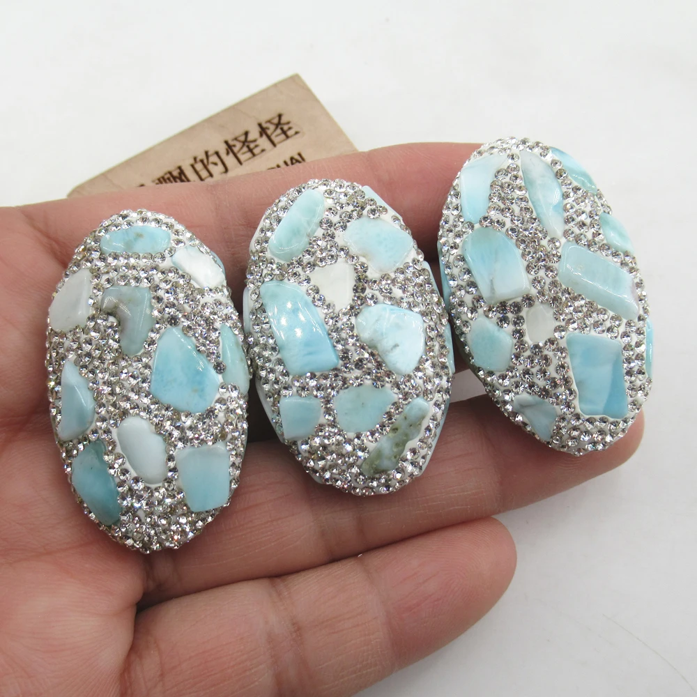 APDGG 1PC Natural Blue Larimar Pave Crystal Rhinestone Oval Shape Connector Spacer Bead For Making Bracelet necklace Jewelry DIY