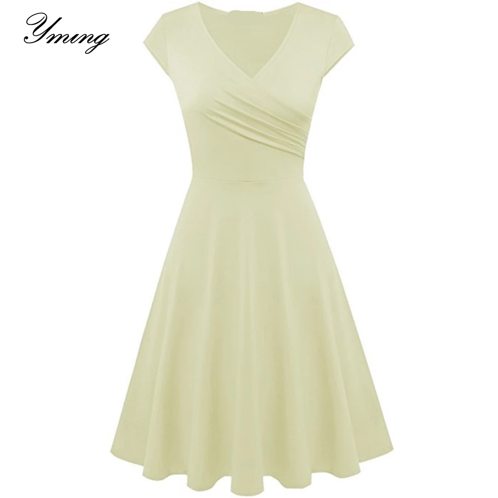 

YMING Women's Summer Dresses Solid Color V-neck Slim Dress Fashion Sexy Short Sleeve Dress Lady Midi Dressse Elegant Vestidos