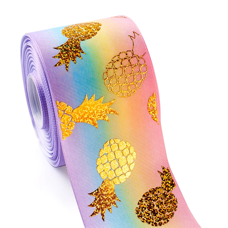 Winsome 75mm 3inch 50yard shiny gold laser foil pineapple printed Gradual change grosgrain ribbon