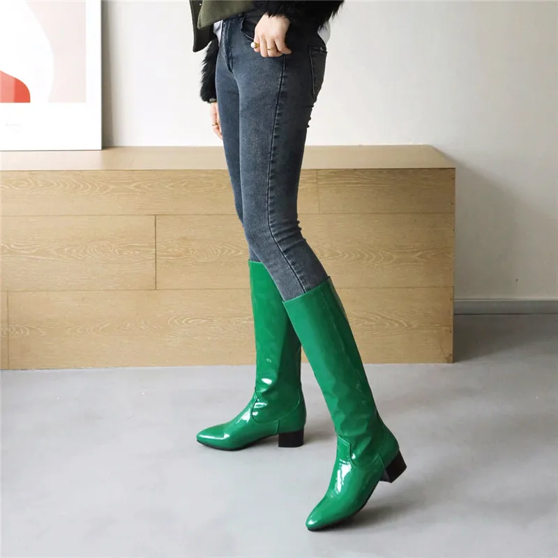 YMECHIC Plus Size 34-43 Concise Patent Leather Mid-calf Boots for Women Shoes Blue Yellow Black Red Green Winter 2021 Long Botas