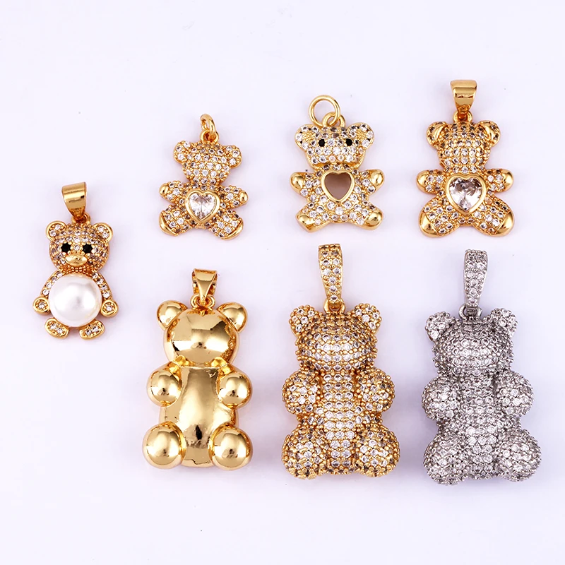 Niedlicher Bären-Charm-Anhänger in Goldfarbe, mit Perlen besetzt, mit Zirkonia CZ gepflastert, Schmuck, Halskette, Armband, Großhandel, Zubehör M85 – Detail 3