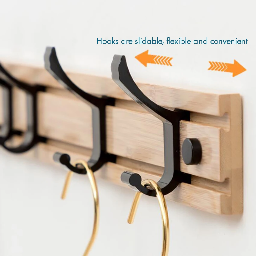 Fexible Bamboo Wall Mounted Coat Rack Movable 3/4/5 Hooks for Robe Towels Bags Clothes Umbrella for Hallway Bathroom Living Room