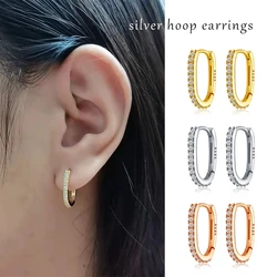 Fashion Charm 100% Real 925 Sterling Silver Minimalist Pave Zircon Geometric Stud Earrings for Women Unisex Party Jewelry Gift
