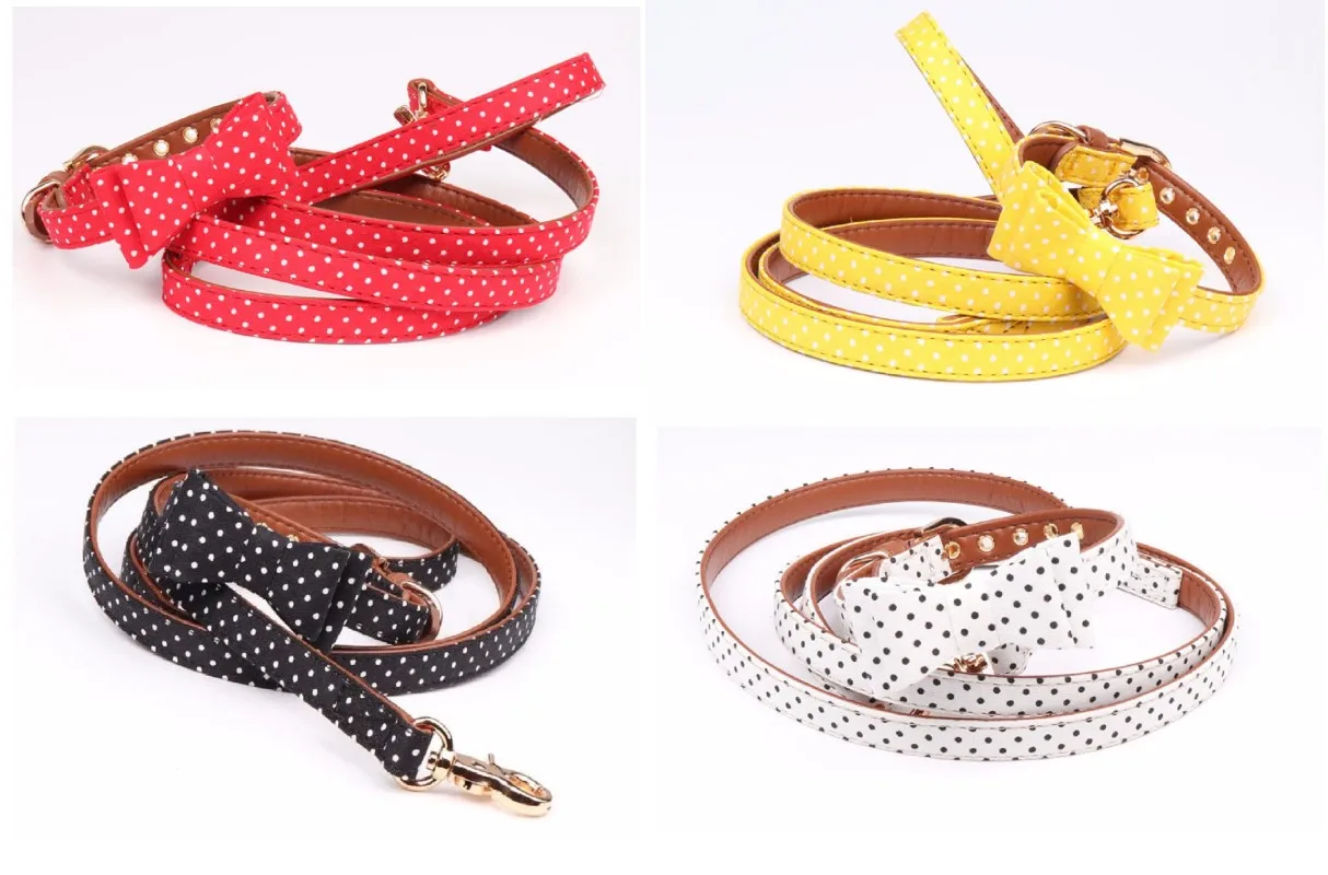 Free Shipping 4 Color Soft Pu+Cloth Dot Pattern Bow Dog Collar Leash Set Leader Accessories Collier Pour Chien Perro Coleira