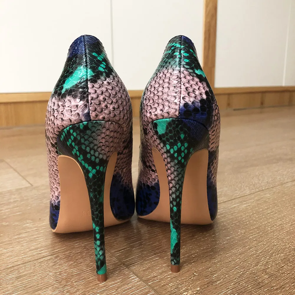 Veowalk Snake Printed Leather Women Sexy High Heels 12/10/8cm Stiletto Fashion Pointed Toe Slip on Pumps Party Shoes for Woman