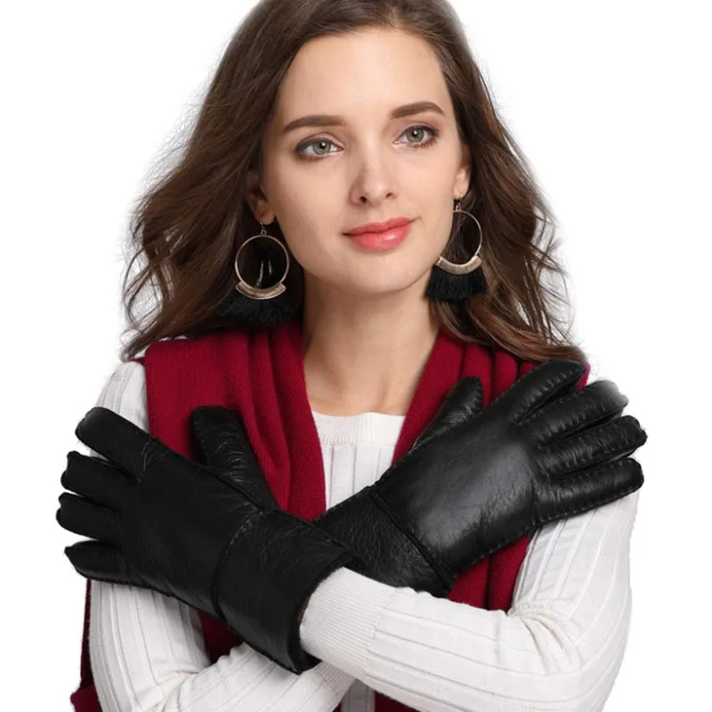 Guantes de piel de oveja auténtica para mujer, manoplas de lana para invierno, cálidas, rusa, Manual, muy cálidas