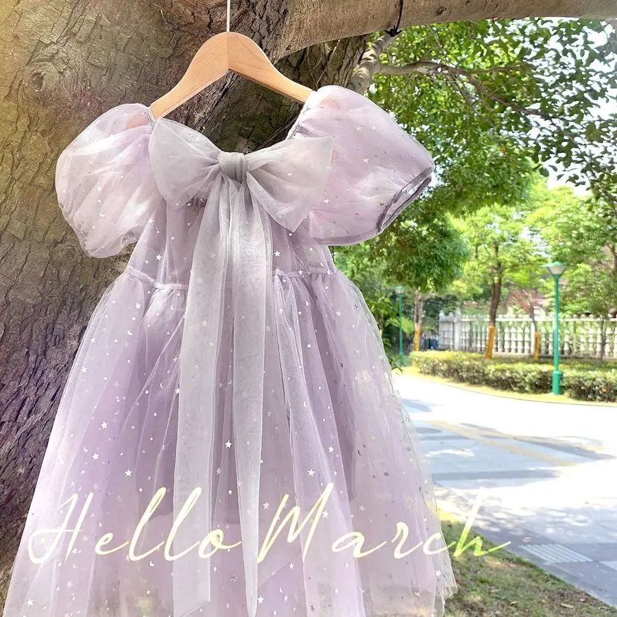 Mesh Baby Dress Summer Girl Star Sequins Birthday Princess Dress Bow Floral Children\'s Voile Puff Dresses 2-12 Years Girl Dress