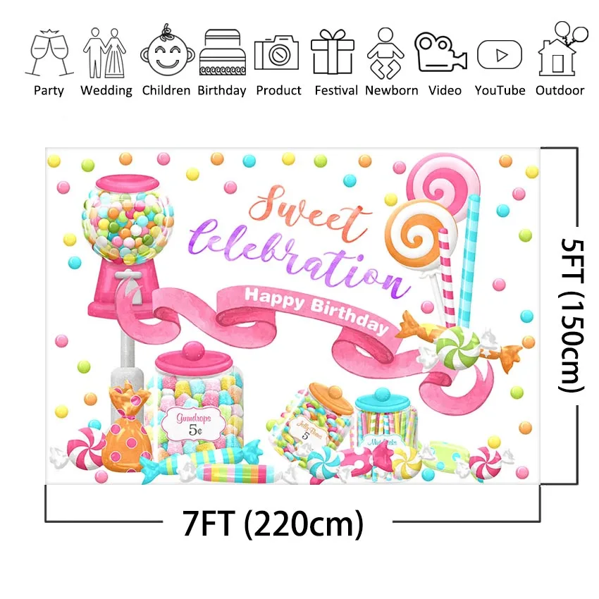 Mocsicka fondo de fiesta de cumpleaños de celebración de Candyland, decoraciones de fiesta de dulces para niñas, Fondo de fotografía, sesión de fotos