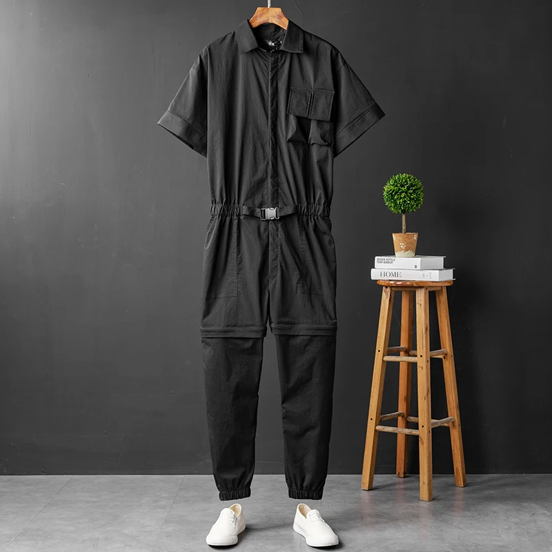 ZYYong Summer Men's Short-Sleeved Jumpsuit Lapel Knee Detachable Hip-Hop Casual Beam Feet Men's Overalls Joggers Men's Pants