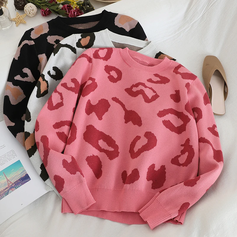 PINK Women Leopard Knitted Sweater Winter Animal Print Thick Long Sleeve O-neck Female Pullovers Casual Tops