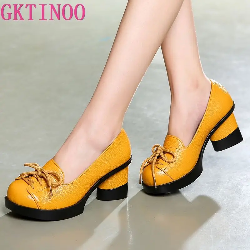 GKTINOO Spring Women Pumps Retro Lady 6CM High Heels Slip On Platform Pumps Handmade Women Genuine Leather Shoes