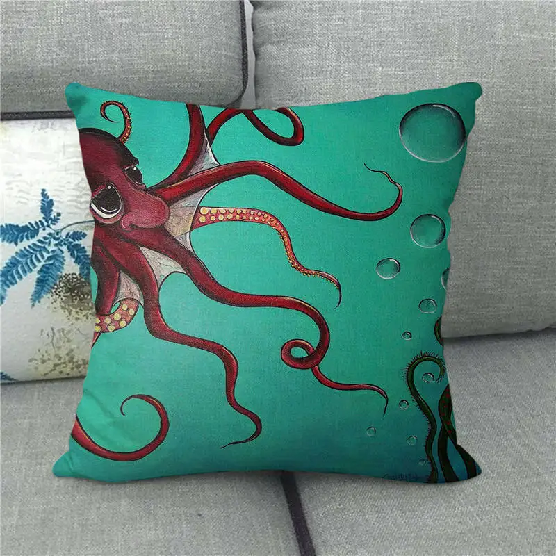 

Marine Life Cartoon Octopus Printed Linen Cushion Cover Seaside Hotel Restaurant Dormitory Decorations Throw Pillowcase 45x45cm