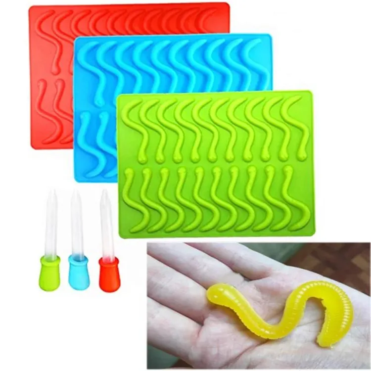 20 cavidad silicona Gummy Snake Worms Chocolate molde azúcar caramelo moldes para gelatina tubo de hielo bandeja molde pastel herramientas de decoración K572