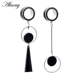 Alisouy 2pcs Stainless Steel Asymmetric buttons Dangle Ear Flesh Plugs Tunnels Gauges Expander Stretched Piercing Body Jewelry