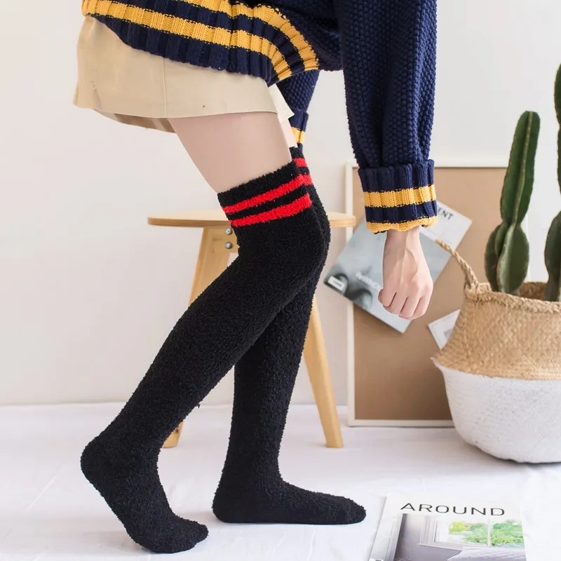 Soft Coral Fleece Knee Socks Winter Warm Girl Women Cute Cartoon Animal Stockings Striped Cozy Thigh High Christmas