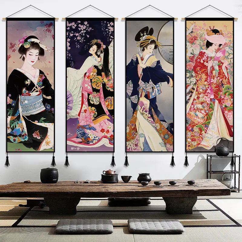 Chines Style Beauty Scroll Wall Paintings Japanese Ukiyoe Maid Room Decor Wall Art Home Decoration Anime Posters Peony Picture