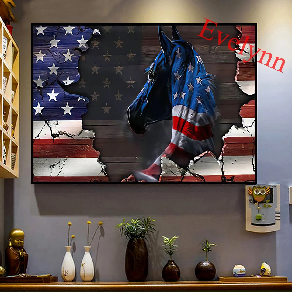 Nordic Abstract Horse American Flag Poster Modern Canvas Poster Vintage Wall Art Print Painting for Living Room Home Decor Frame