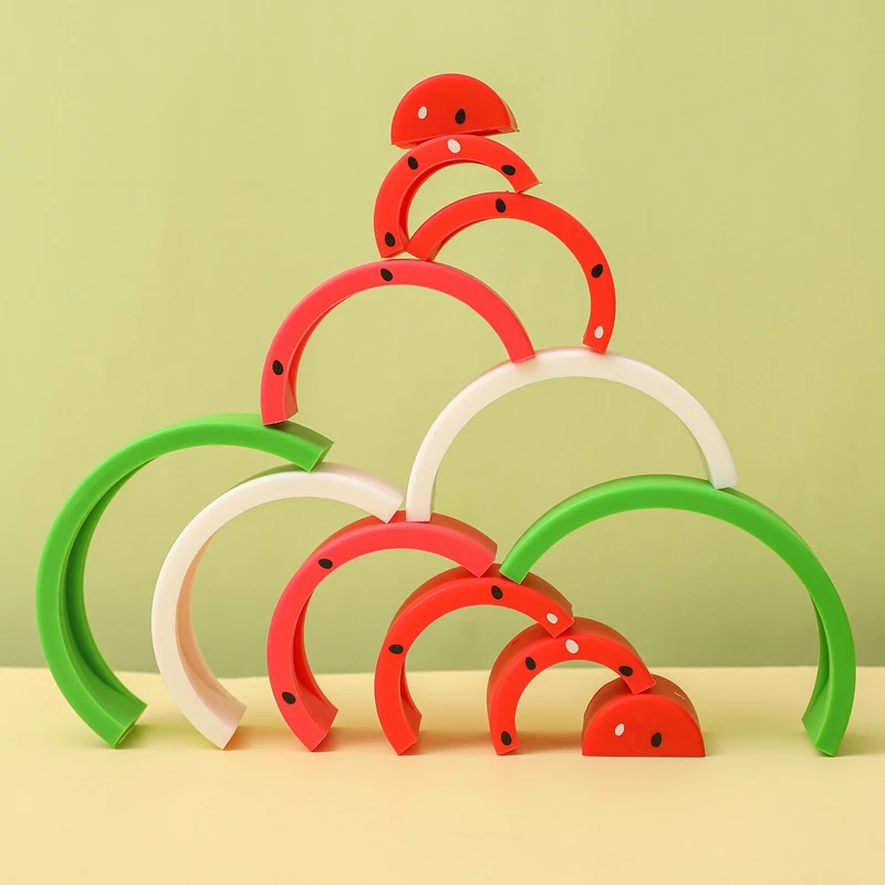 Facciamo 1 Set di giocattoli per bambini blocchi educativi in Silicone forma di anguria 3D Silicone bambini massaggiagengive in gomma giocattoli impilabili