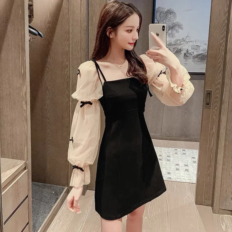 Long Sleeve Dress Women Casual Fashion Bow All-match Patchwork Mini French Style Ladies Square Collar Ins New Temperament Soft