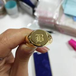 Custom Engraved 925 Solid Silver Logo Ring Initials Letter Ring for Women Men Gold A-Z Old English Letter Nameplate Signet Ring