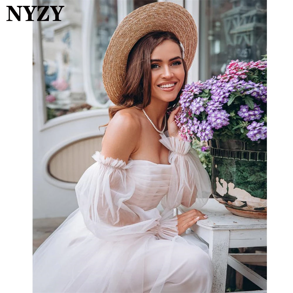 W53 NYZY Elegant Tulle Off the Shoulder Long Sleeves Simple Light Wedding Dress Boho 2021 Wedding Gowns