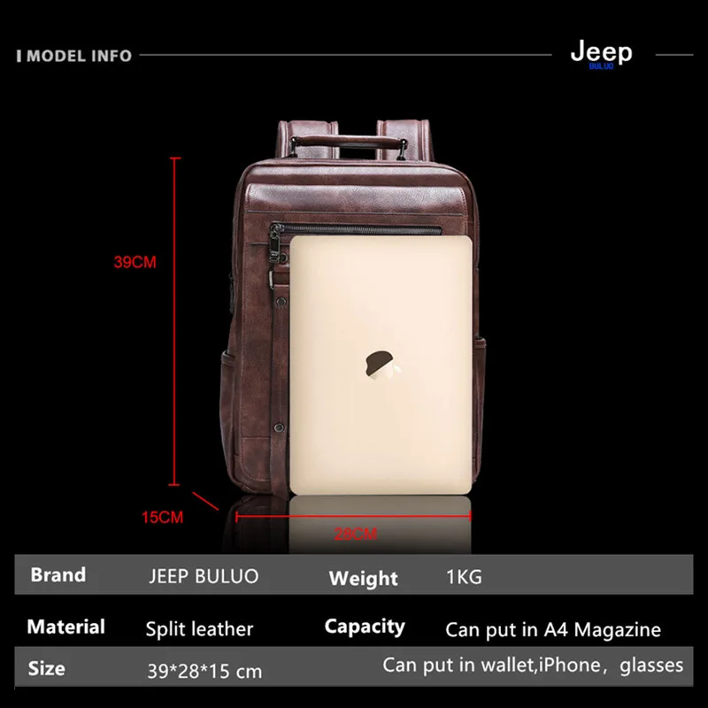 JEEP BULUO-Bolsa Masculina Casual para Laptop, Mochila de Couro Dividido, Bolsa para Computador, Alta Capacidade, Nova Tendência