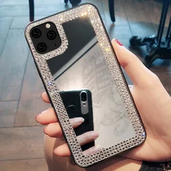 Women Rhinestone Diamond Mirror Case For iPhone 14 13 12 11 Pro Max XR XS Case Luxury For iPhone 17 16 15 Pro Max Makeup Cover