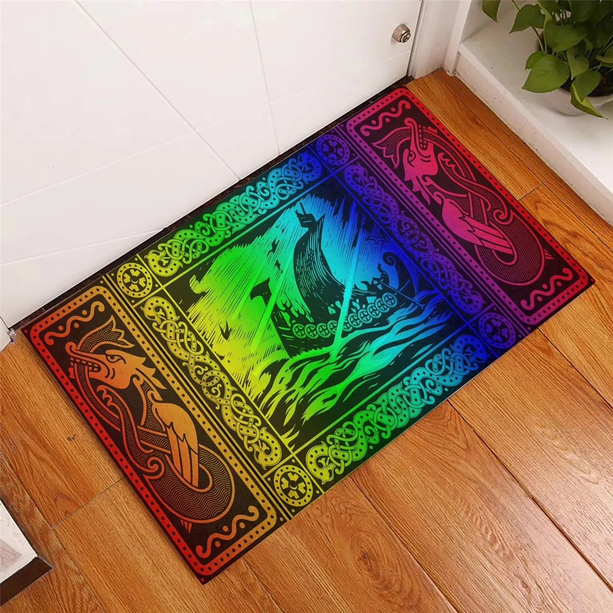 Viking Celtic Drakkar Rainbow 3D All Over Printed Doormat Non Slip Door Floor Mats Decor Porch Doormat