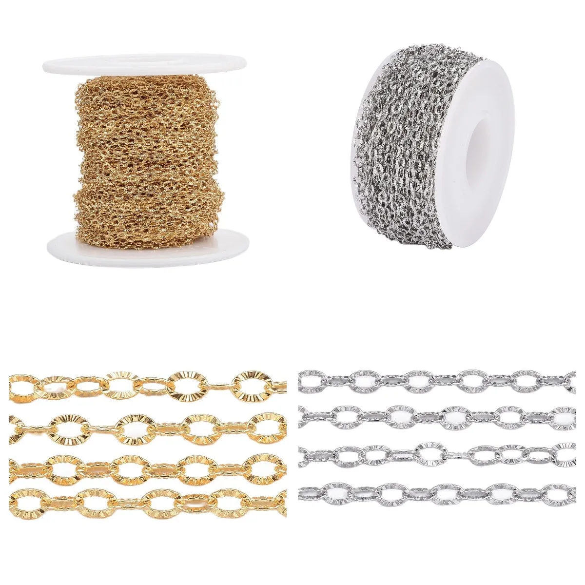 10M/Roll Stainless Steel Textured Cable Link Chains Gold/Silver Color With Spool For Necklace Bracelet DIY Jewelry Making