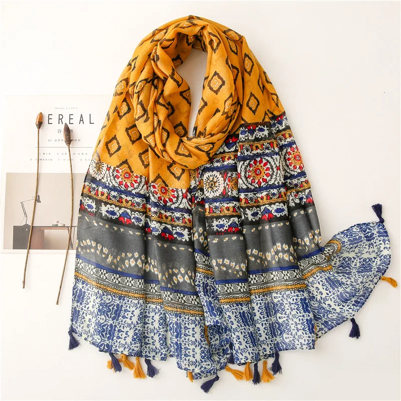 2021 New Geometry Print Tassel Scarves Shawls Women Head Wrap Hijab Free Shipping