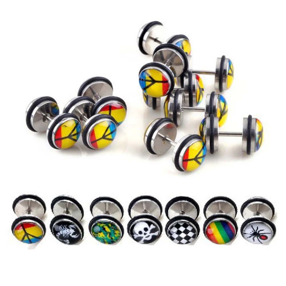 2Pcs Oil Drip Fashion Stud Earrings Ear Plugs Cheater Fake Expander Ear Stretcher Piercing Stainless Steel Body Jewelry
