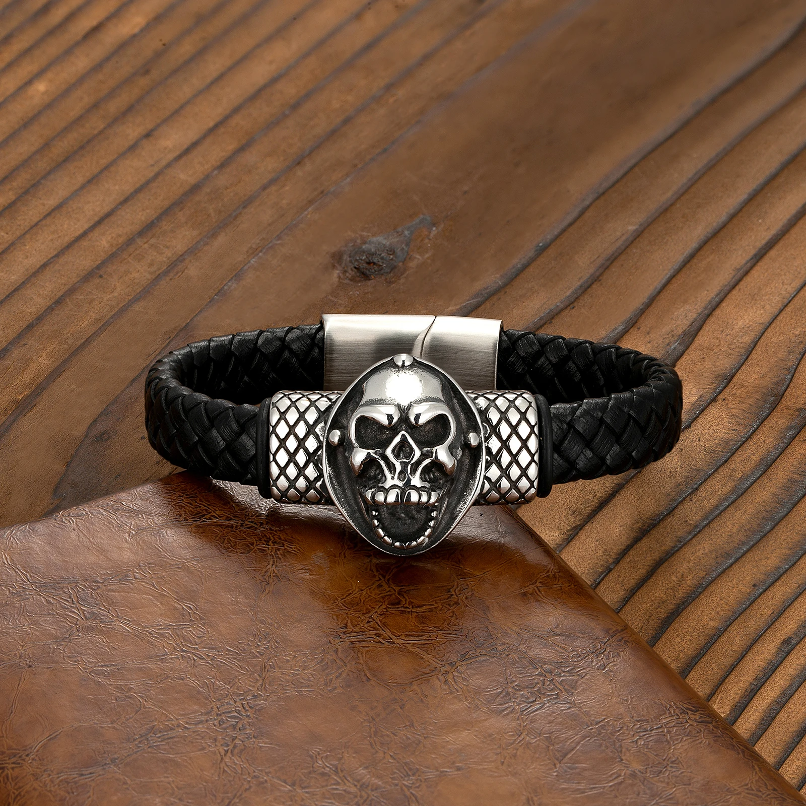 Trendy Punk Style Lion Head Ghost Head Snake Head Men's Stainless Steel Bracelet Leather Cord Bracelet Jewelry Gift