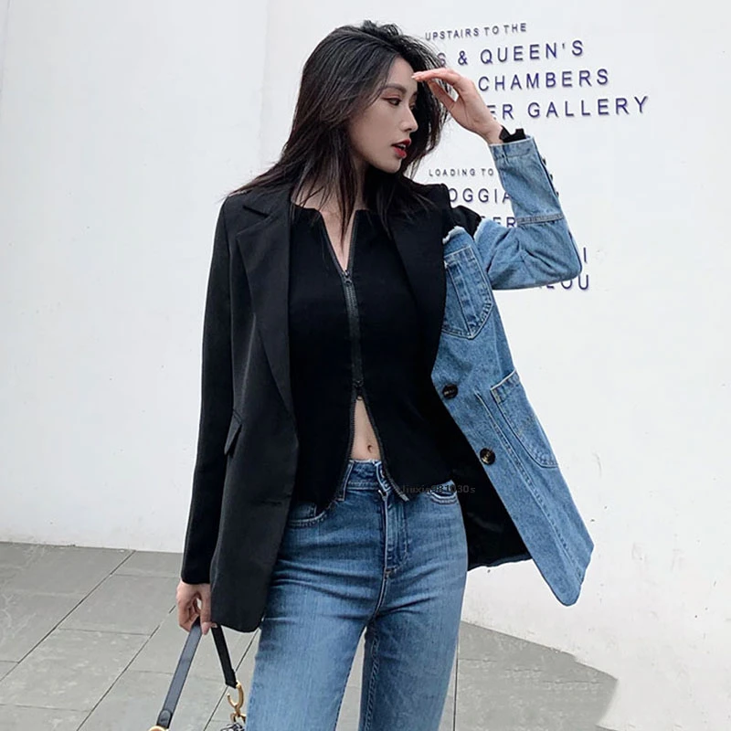 2021 New Autumn Women Personality Suit Irregular Stitching Denim Jacket Spring Fashion Female Slim Small Suit Blazer OL Blazers