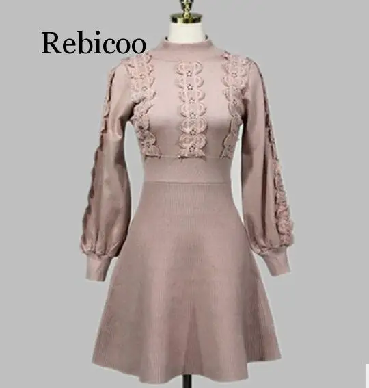 

Elegant Lantern Sleeve Draped Knitted Dress Women Lace Patchwork weater Mini A-Line Dress Autumn Winter Sweater Dresses