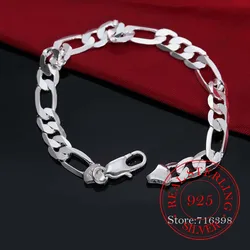 8MM Figaro Men Chains Bracelets Bangles 100% Real 925 Sterling Silver Bracelet for Women Men Homme Classic Pulsera De Mujer