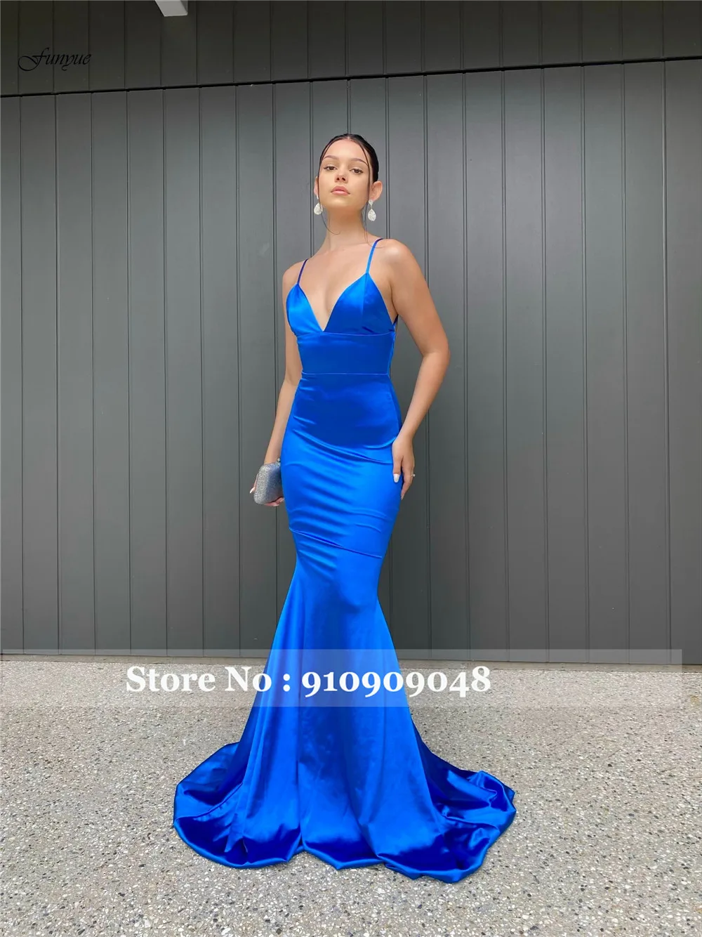 Funyue-vestidos de graduación de sirena con Espalda descubierta, traje de noche Formal de satén, con tirantes finos largos, color azul real, 2022