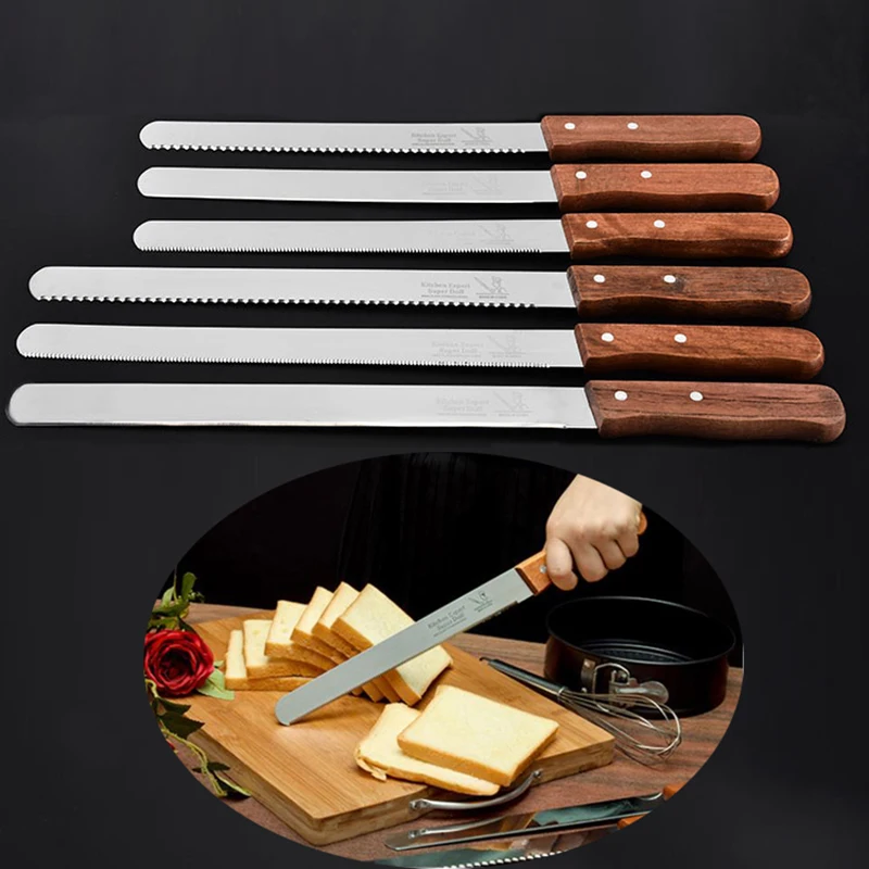 10/12Inch Stainless Steel Bread Knife Serrated Knife Wooden Handle Fruit Knife Bread Slicer Cake Knife Slicing Cookie Cutter