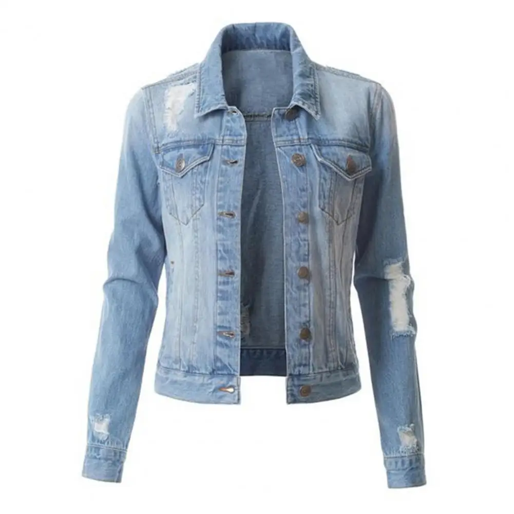 Denim Coat Solid Color Ripped Autumn Winter Washed Single Breasted Lapel Jeans Jacket Streetwear