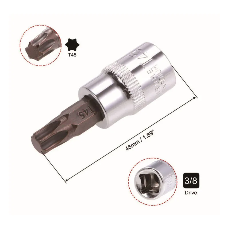 5 Pcs 3/8-Inch Drive Socket Bit Torx T30 T40 T45 S2 Steel 50mm Panjang