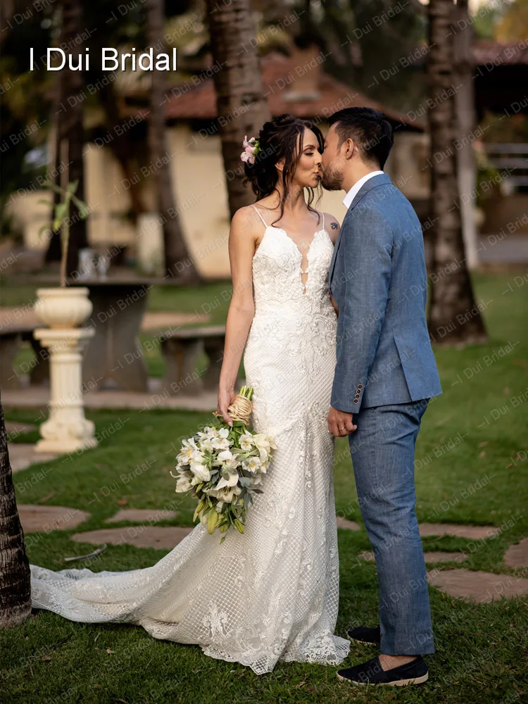 Della Cinghia di Spaghetti Abiti Da Sposa Di Lusso Della Sirena Del Merletto di Alta Qualità A Basso Scollatura Sexy Low Back Abito Da Sposa