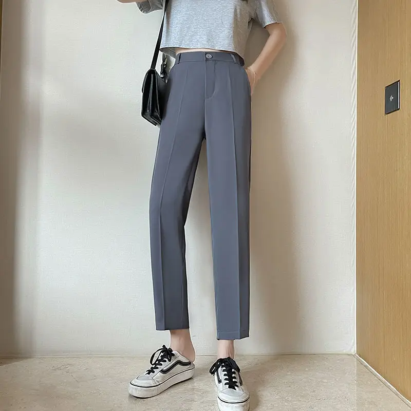 

Suit Pants Women's Summer Thin High Waist Loose Straight Casual Trousers Office Lady Solid Vintage Ankle-Length Chic Streetwear