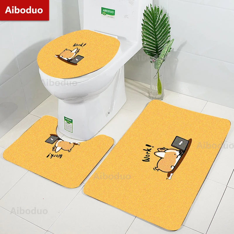 

Aiboduo Cute Yellow Corgi NonSlip 3pcs/set Toilet Lid Cover Set Cartoon Dog HomeDecoration Restroom Rug Carpet Absorbent BathMat