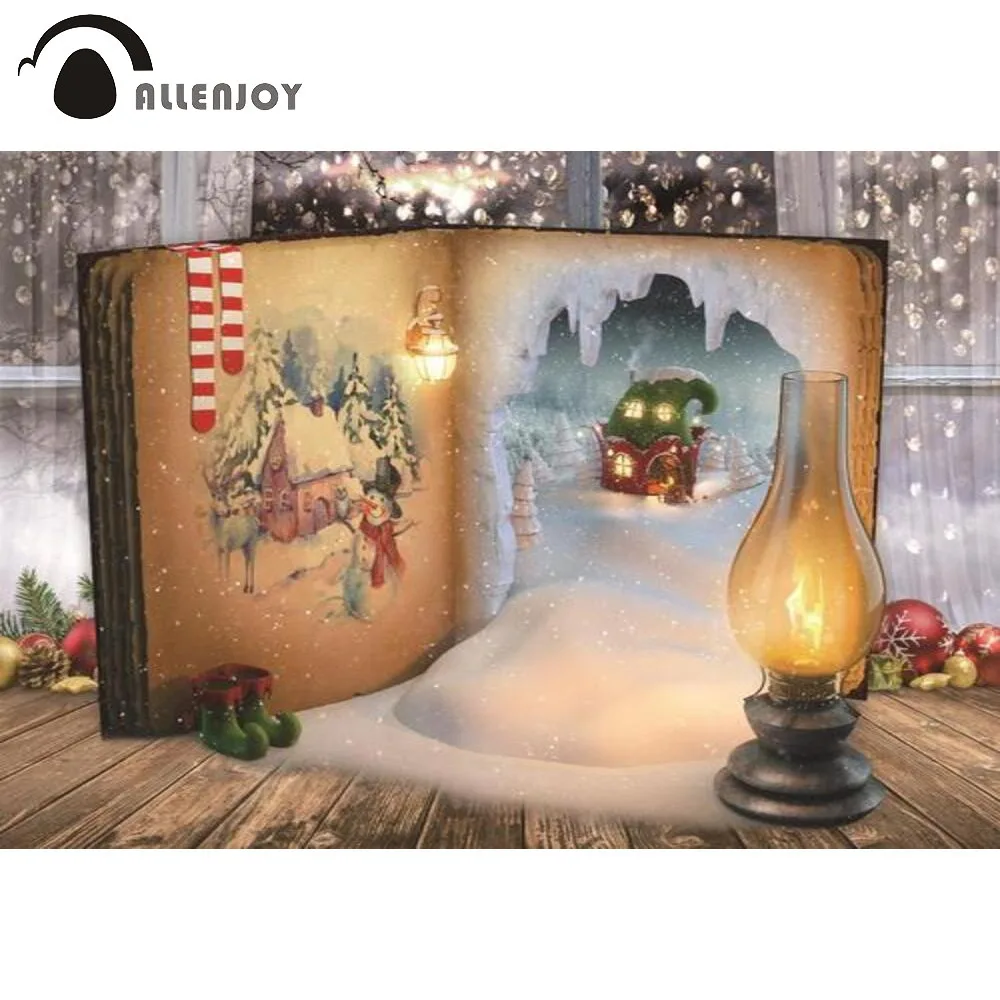 Allenjoy Christmas Party Background Winter New Year Oil Lamp Snow Scenery Book of Fairy Tales Floor Bells Photozone Backdrop