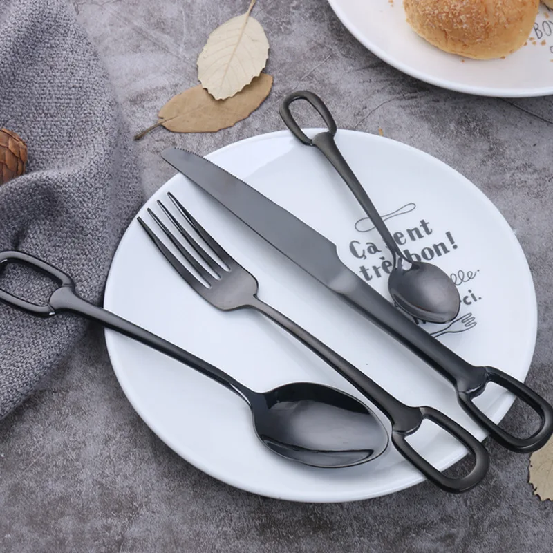 

4pcs/set Stainless Steel Knife Fork Cutlery Dinner Set Creactive Hook Handle Design Steel Gold Portable Tableware Set