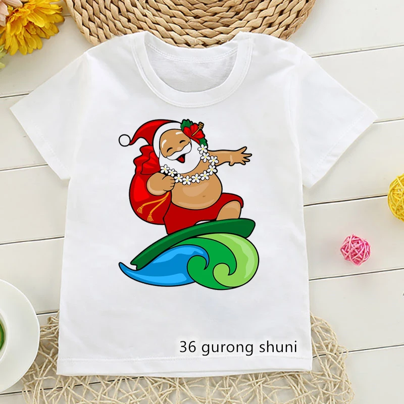 Surfing Santa Claus Print T-Shirt Girls/Boys Merry Christmas Gift Tshirt Kids Clothes Harajuku Kawaii Children'S Clothing Tops
