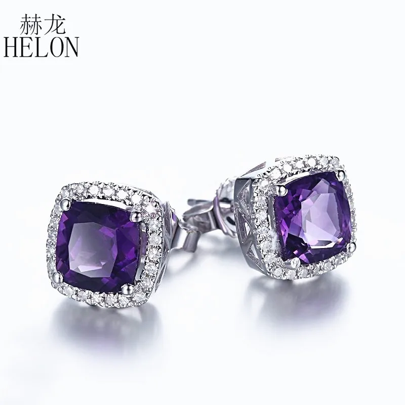 

HELON Solid 10K White Gold Cushion Cut 6mm Natural Amethyst & Diamonds Engagement Stud Earrings Women Gem Trendy Fine Jewelry