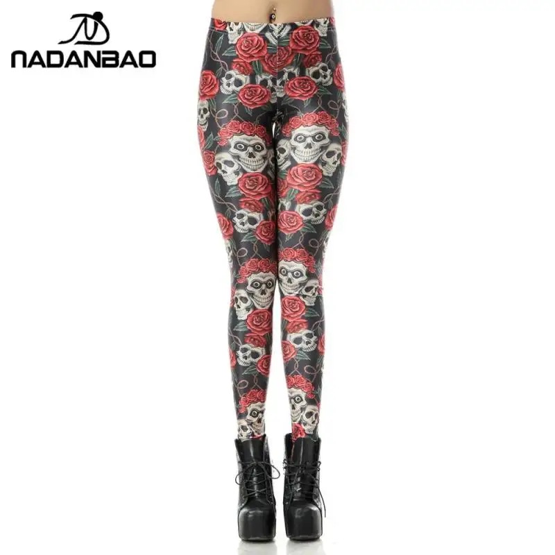 NADANBAO Rose Skull Women Leggings Slim Fitness Pants Halloween Cosplay Trousers Lady Mid Waist Sexy Tights Holiday Party Gifts