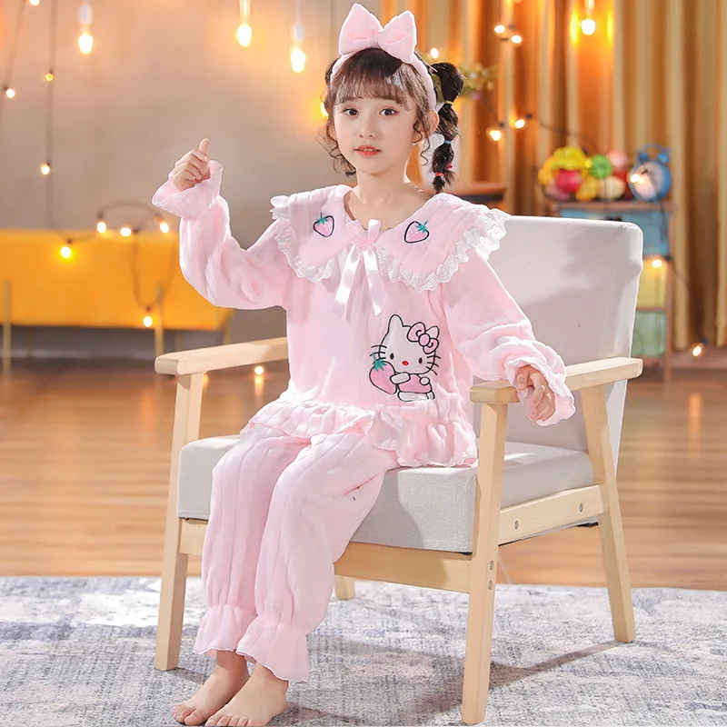 Hello Kitty Children\'s Clothing Autumn And Winter Girls Flannel Thickened Pajamas Children Cute Princess Style Long-sleeved Suit