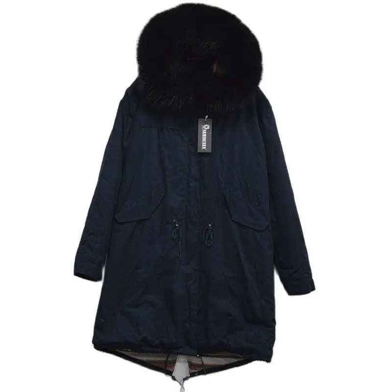 Navy Parka Mens Cashmere Fur Jacket Fashion Winter Warm Cashmere Inner Male jacket  Real Black Raccoon Collar jacket fur