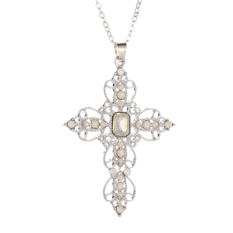 Boho Retro Hollow Cross White Blue Pink Rhinestone Bling Starry Crystal Pendants Alloy Necklace For Women